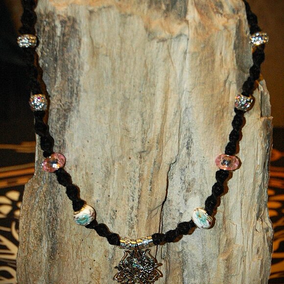 Lotus Flower Blue Flower Accent Beads on a 21 1/2" Handmade black Hemp Necklace - Picture 3 of 7